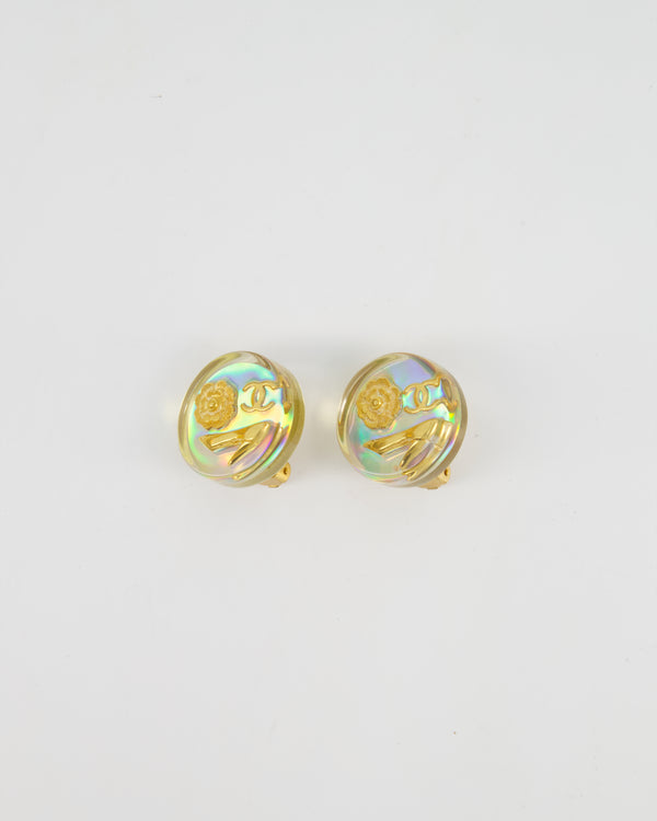Chanel 97P Vintage Round Iridescent with Gold CC Logo, Caméila & Shoe Detail Clip-On Earrings