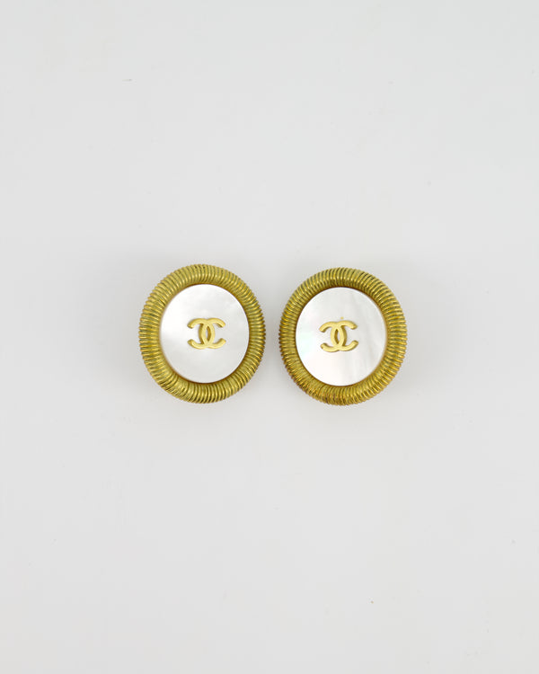 Chanel Vintage 94P Gold Iridescent Pearl with CC Logo Round Clip-On Earrings