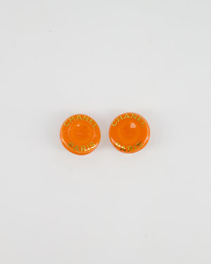 Chanel 97P Orange Round Gold Logo Printed Button Clip-On Earrings
