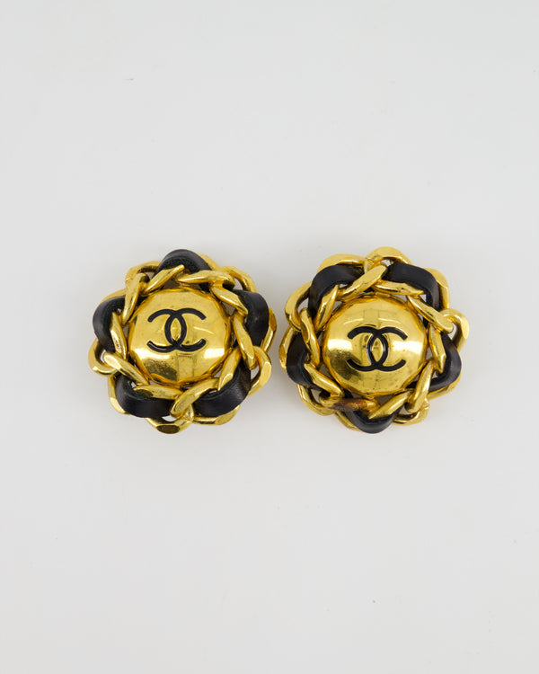 Chanel Black, Gold Large Round Chain Detail CC Logo Clip-On Earrings