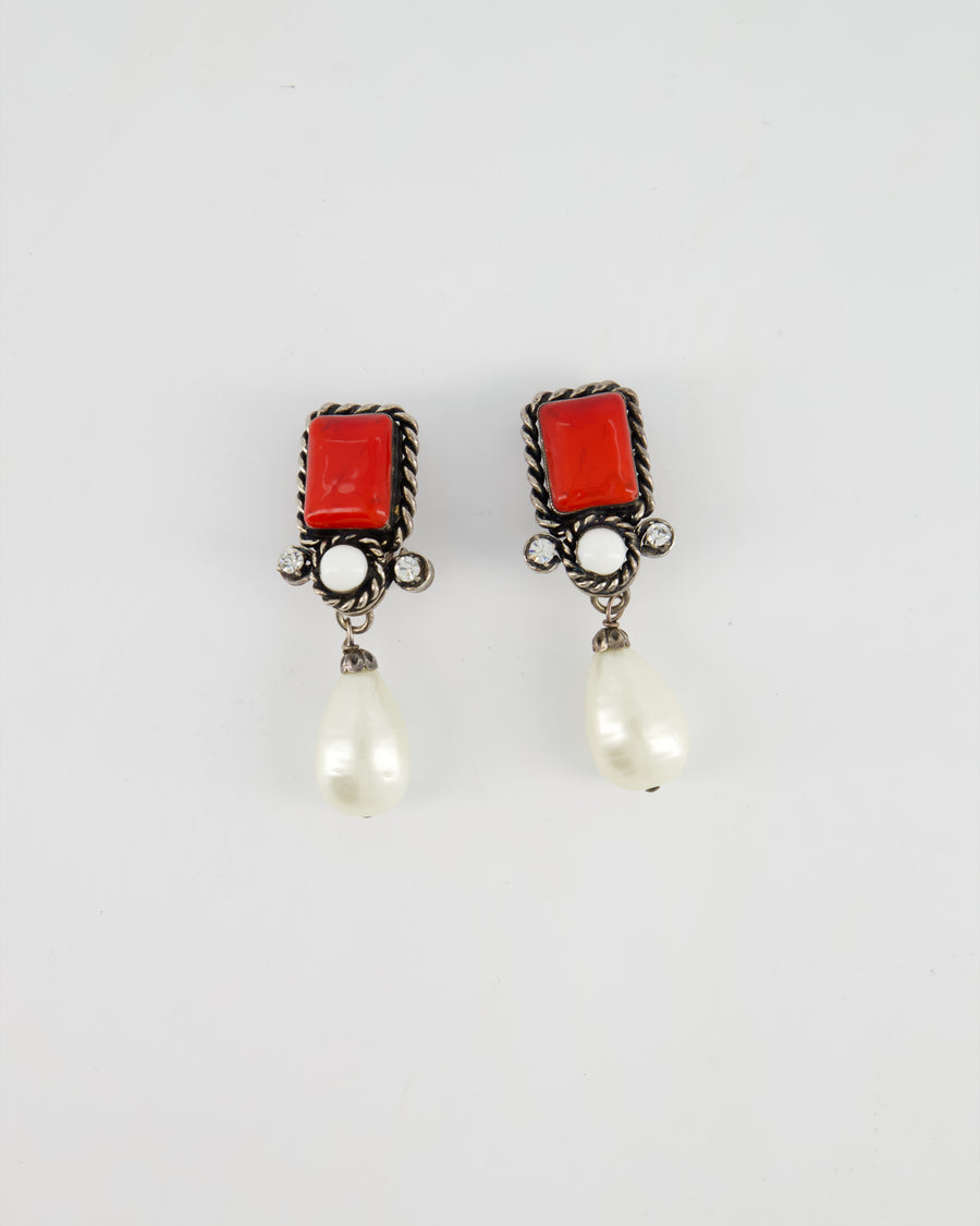 Chanel Silver Vintage 96P Red, Crystal Pearl Drop Detail Clip-On Earrings
