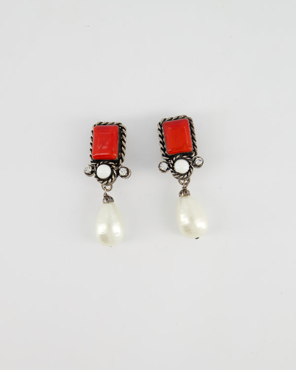 Chanel Silver Vintage 96P Red, Crystal Pearl Drop Detail Clip-On Earrings