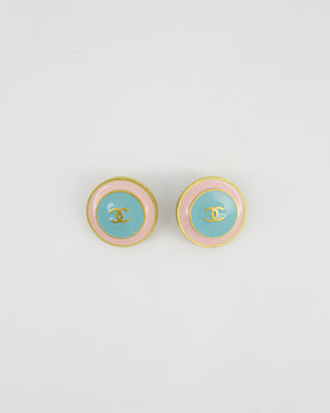 *HOT* Chanel Vintage 95C 24K Light Pink & Tiffany Blue Clip-On Earrings with Gold CC Logo Detail