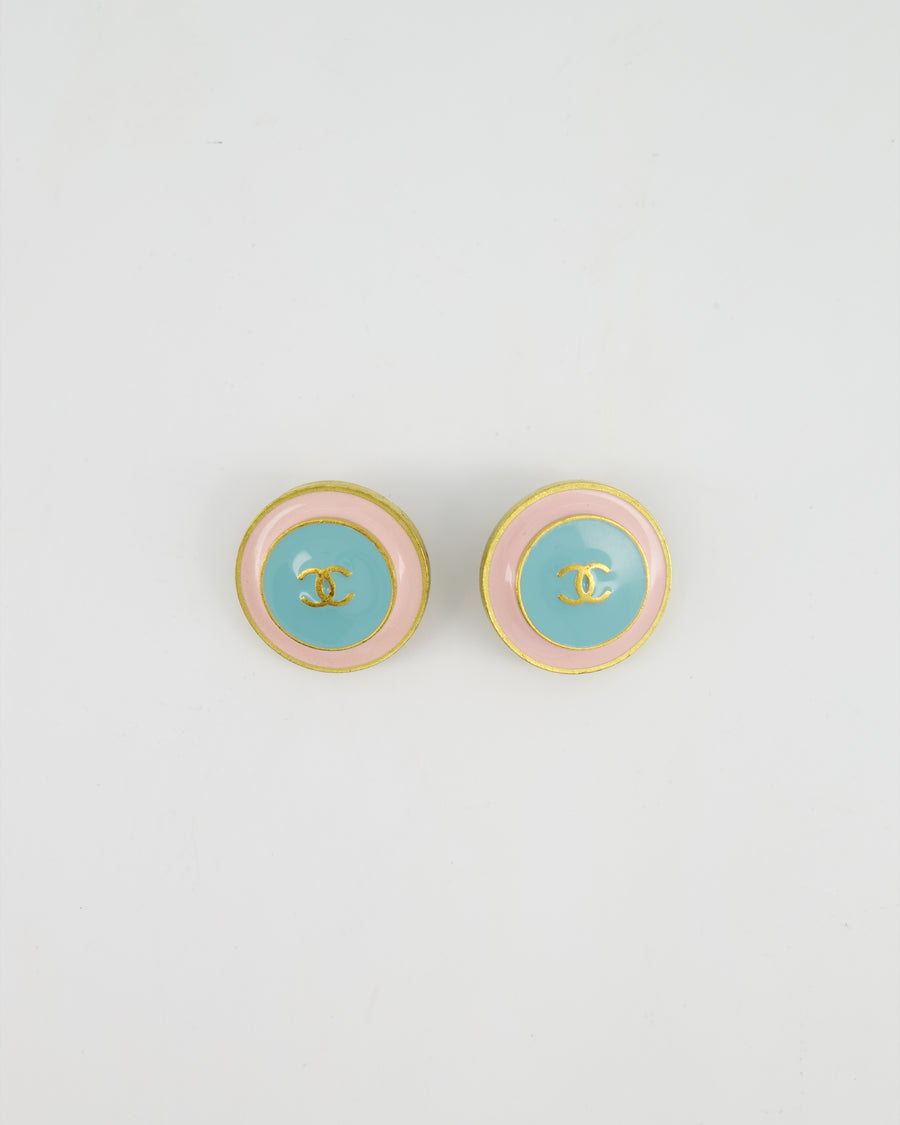 *HOT* Chanel Vintage 95C 24K Light Pink & Tiffany Blue Clip-On Earrings with Gold CC Logo Detail