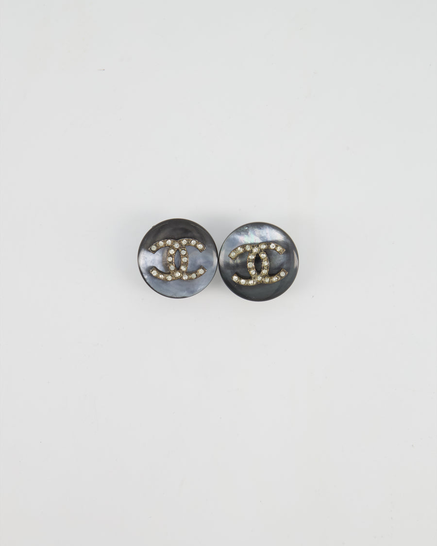 Chanel 96A Charcoal Grey Pearl with Crystal CC Logo Clip-On Earrings