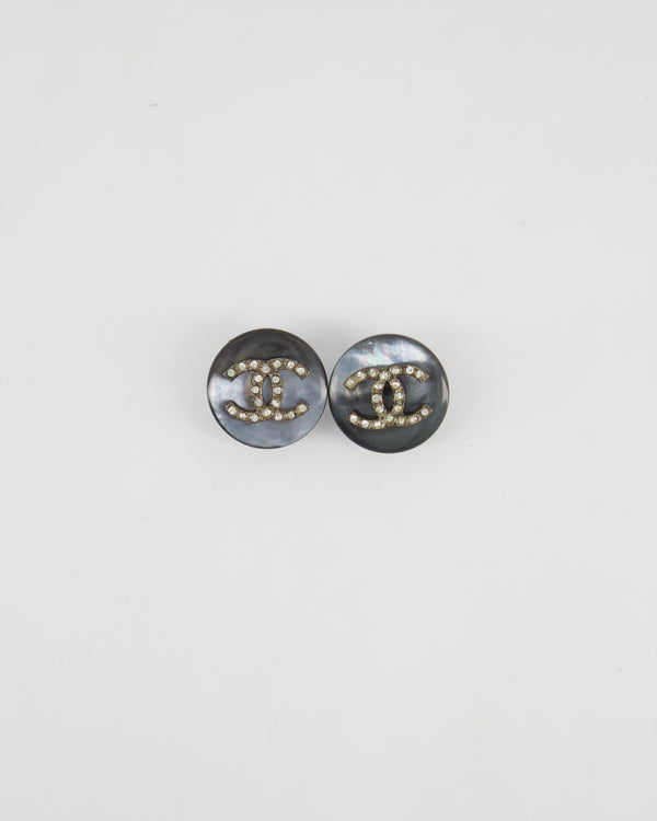Chanel 96A Charcoal Grey Pearl with Crystal CC Logo Clip-On Earrings