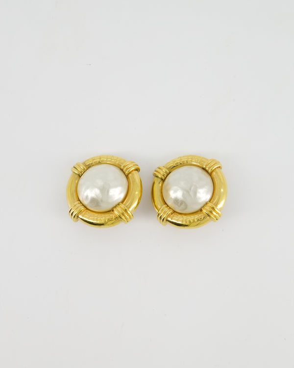 Celine Vintage Yellow Gold Round Logo Printed with Pearl Detail Clip-On Earrings