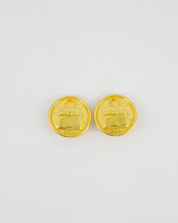 Celine Paris Vintage Yellow Gold Circle Handbag Pattern Clip-On Earrings