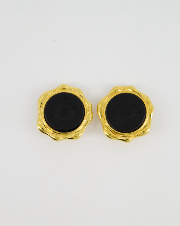 Fendi Gold and Black Vintage Circle Clip-On Earrings with Logo