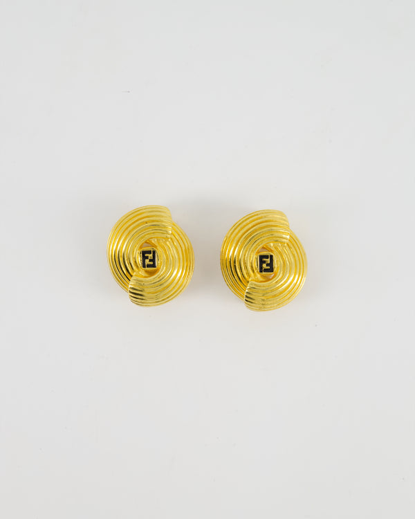 Fendi Gold and Black Vintage Twist Clip-On Earrings with Logo