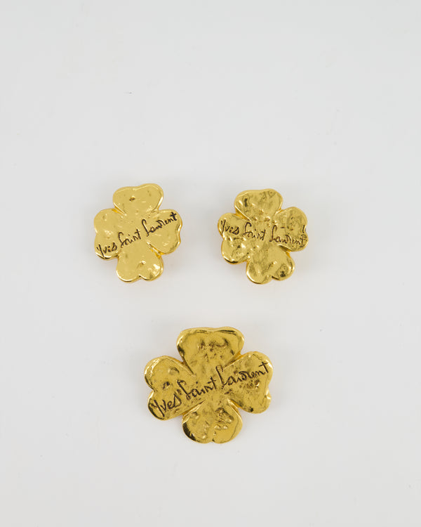 Yves Saint Laurent Yellow Gold Four Leaf Clover Clip-On Earrings and Accompanying Brooch