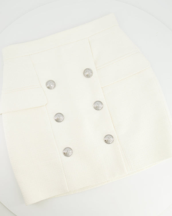 Balmain White Tweed Mini Skirt with Silver Button Details FR 38 (UK 10)