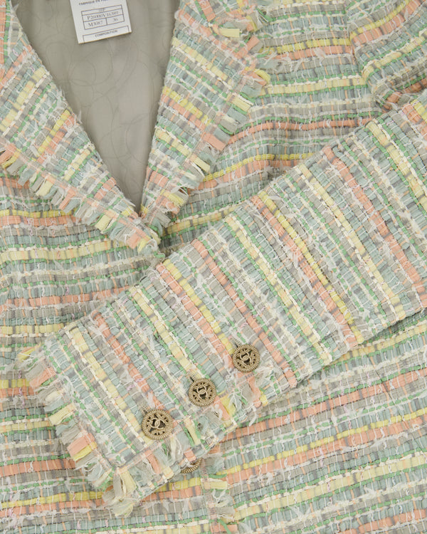 Chanel Pastel Multi-Coloured Tweed Jacket with Notched Lapel and Gold CC Embellished Buttons Size FR 36 (UK 8)