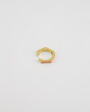 Fendi Gold Enamel Hexagonal Baguette Ring with pink Enamel Detail Size M