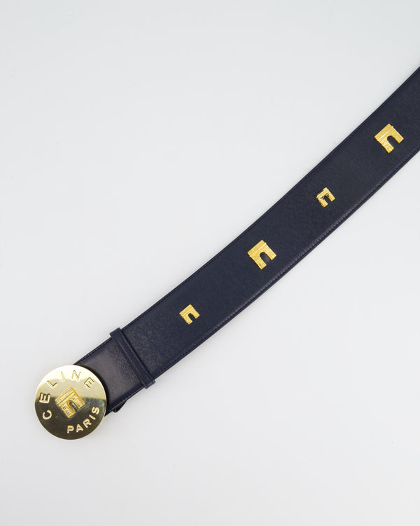 Celine 70cm Navy Blue Vintage Belt with Gold Arc de Triomphe Detailing