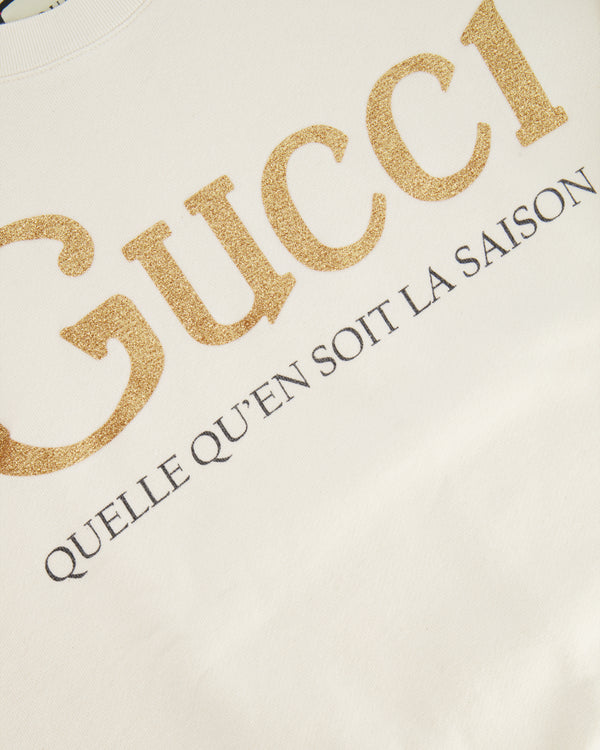 Gucci Cream "Quelle Qu'en Soit la Saison" Sweater with Gold Glitter Logo Size XS (UK 6)