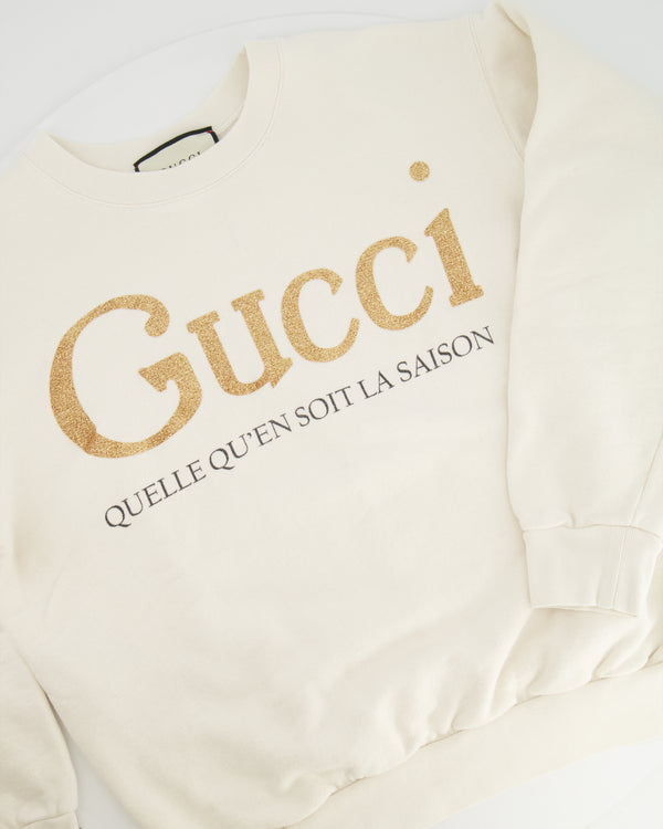 Gucci Cream "Quelle Qu'en Soit la Saison" Sweater with Gold Glitter Logo Size XS (UK 6)