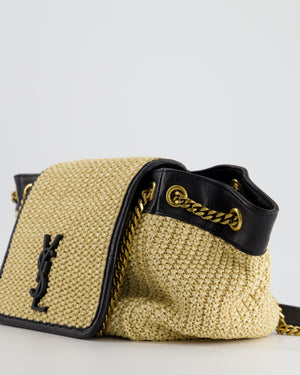 Saint Laurent Nolita Beige Raffia Black Leather Medium Chain Bag with Gold Hardware