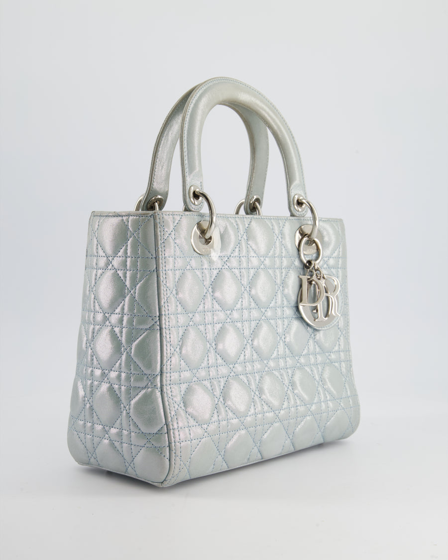 Christian Dior Baby Blue Metallic Medium Lady Dior Bag with Silver Hardware