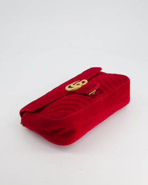 Gucci Red Velvet Medium GG Marmont Shoulder Bag with Gold Hardware