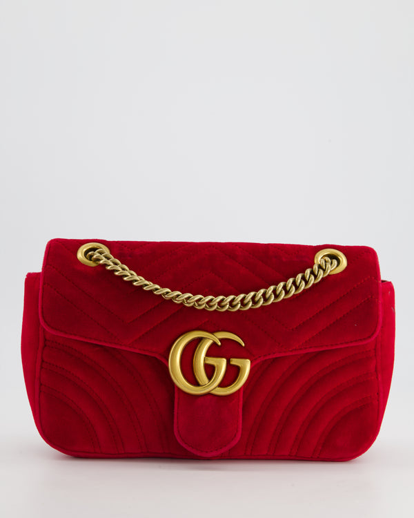 Gucci Red Velvet Medium GG Marmont Shoulder Bag with Gold Hardware