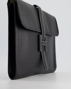 *RARE* Hermès Vintage Jige 34 Clutch Bag in Noir Clemence Leather with White Stitching Contrast