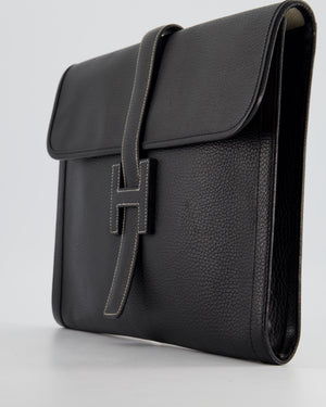 *RARE* Hermès Vintage Jige 34 Clutch Bag in Noir Clemence Leather with White Stitching Contrast