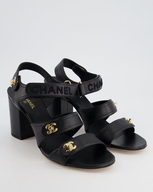 Chanel Black Leather Heeled Sandal with Chanel Logo, Champagne Gold CC Detail Size EU 42C