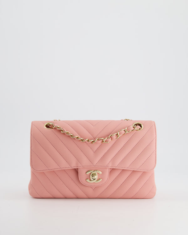 *HOT* Chanel Candy Pink Caviar Stitched-Edge Chevron Quilted Small Double Flap Bag with Champagne Gold Hardware