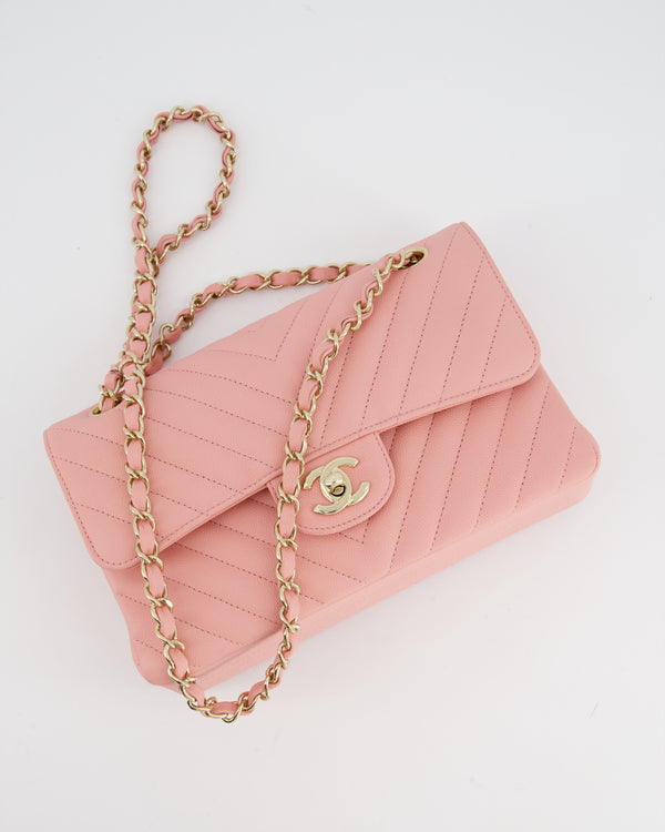 *HOT* Chanel Candy Pink Caviar Stitched-Edge Chevron Quilted Small Double Flap Bag with Champagne Gold Hardware