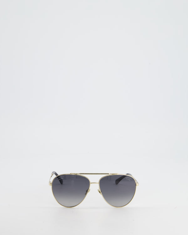Chanel Champagne Gold Aviator Sunglasses with Black Crystal Detail