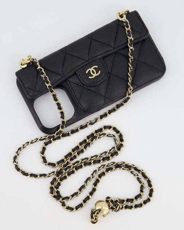Chanel Black Caviar Cross-Body Phone Case Bag with Champagne Gold Hardware