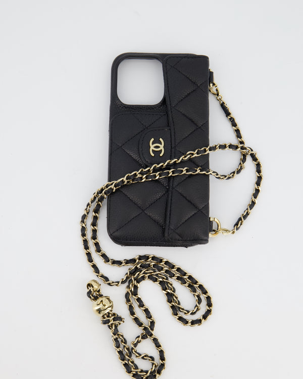 Chanel Black Caviar Cross-Body Phone Case Bag with Champagne Gold Hardware
