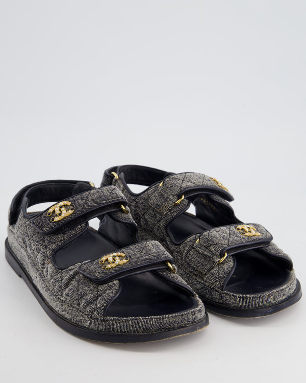 Chanel Washed Grey Denim Dad Sandals with Pearl Champagne Gold CC Logo Detail Size EU 38.5