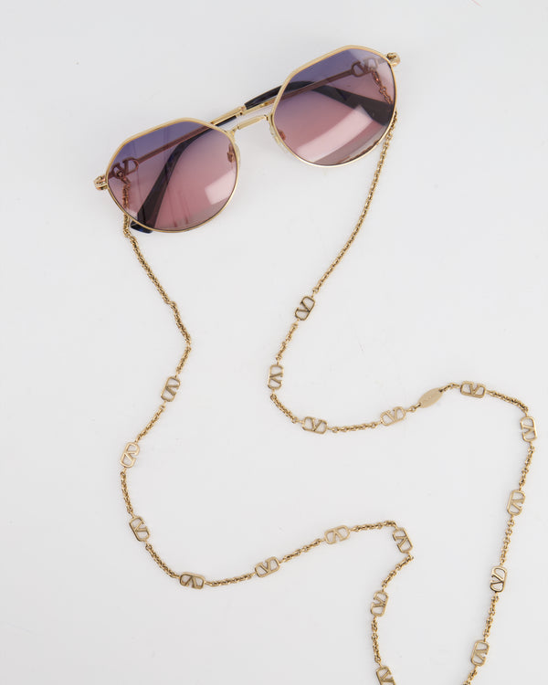 Valentino Gold Square Sunglasses with Gold Logo Chain