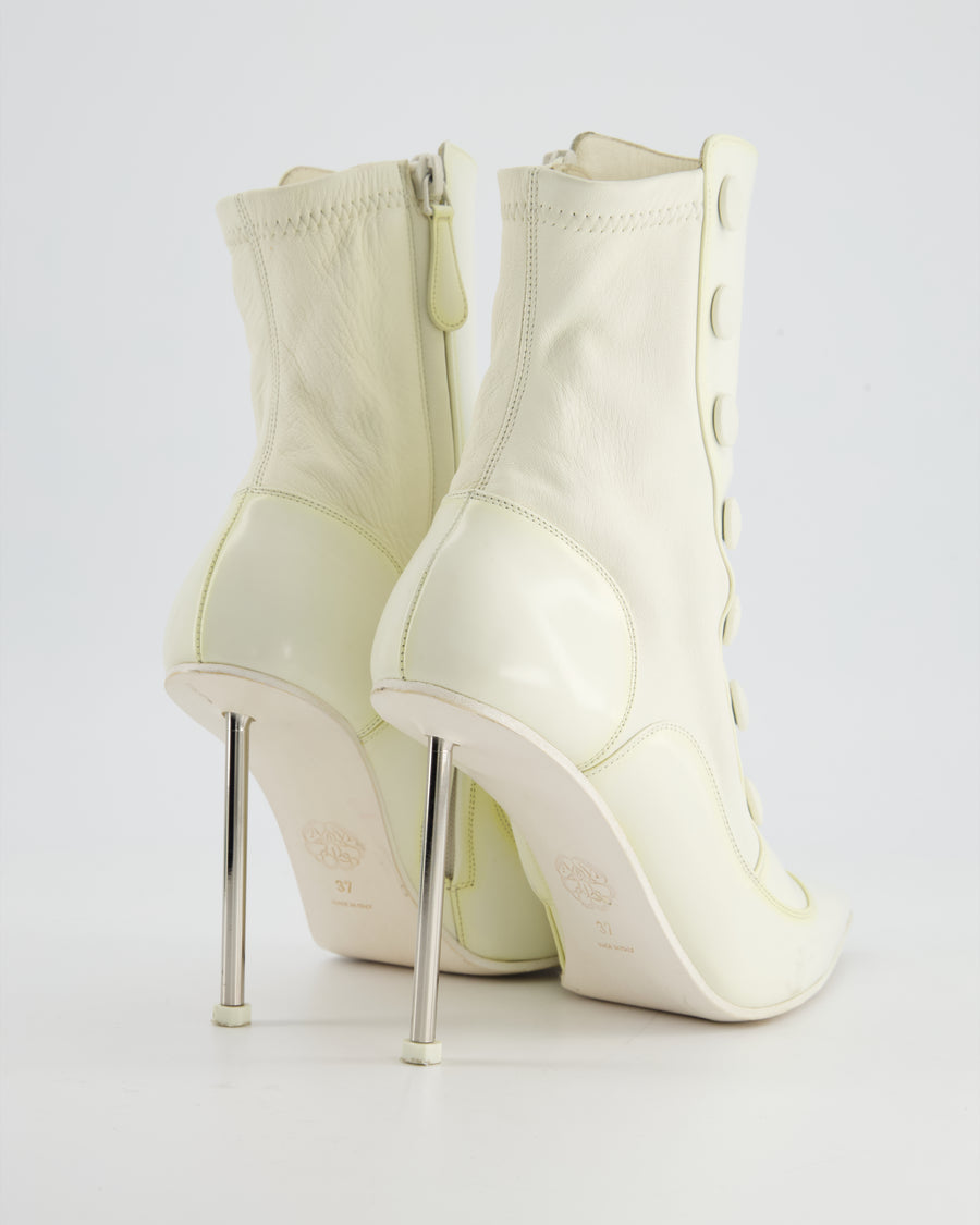 Alexander McQueen White Leather Ankle Boots with Button Detail Size EU 37