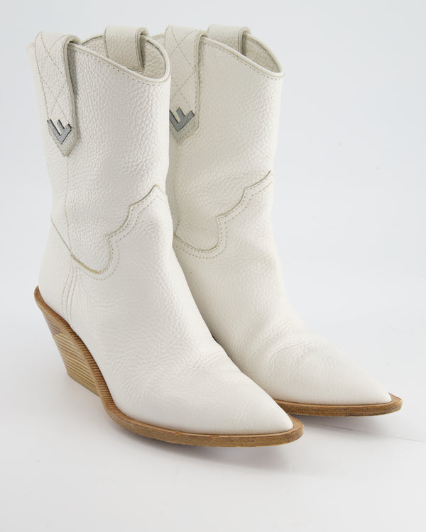 Fendi White Calfskin Leather Cowboy Boots with Logo Detail Size EU 37