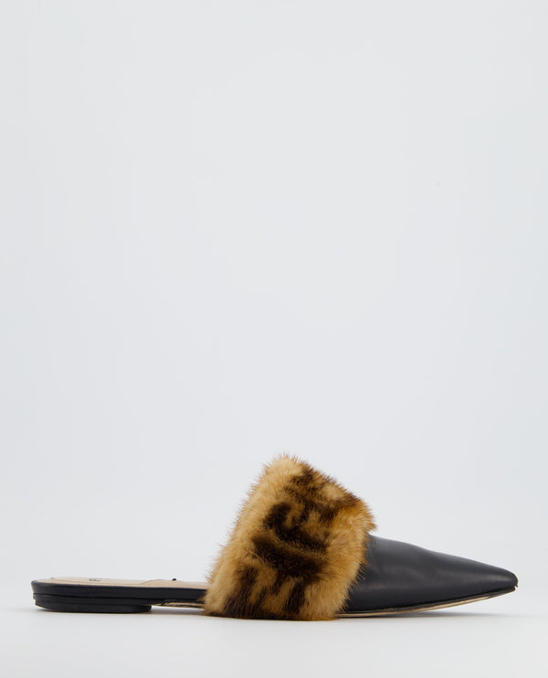 Fendi Black Leather with Fur FF Monogram Mules Size EU 38