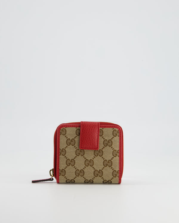 Gucci Brown GG Monogram Zip Wallet with Red Leather Detail