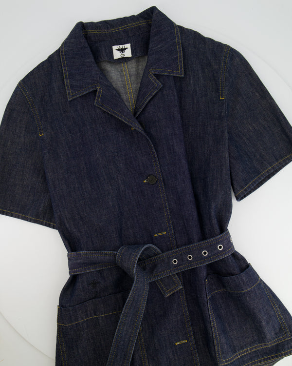 Christian Dior Blue Denim Shirt Top with Belt and Pocket Details Size FR 46 (UK 18)
