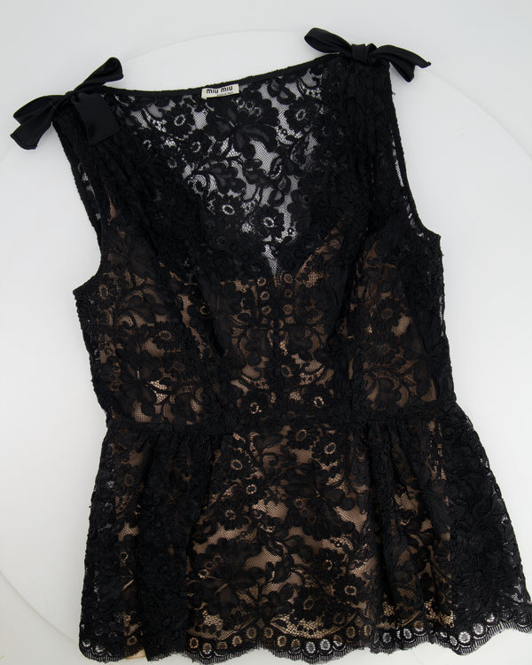 Miu Miu Black Lace Top with Bow Details and Wool Trouser Set Size IT 42 (UK 10)