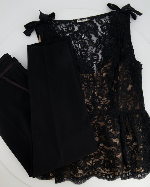 Miu Miu Black Lace Top with Bow Details and Wool Trouser Set Size IT 42 (UK 10)