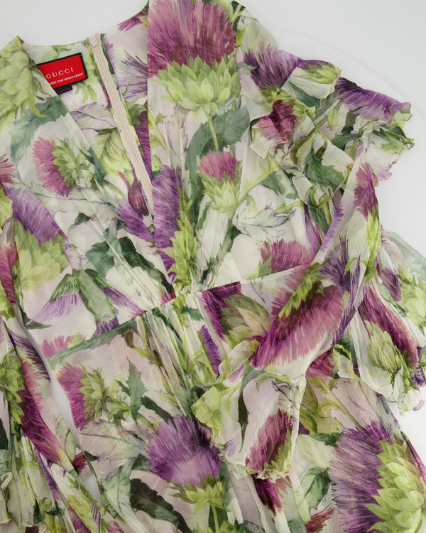 Gucci Green and Purple Floral Silk Ruffle Maxi Dress Size IT 42 (UK 10)