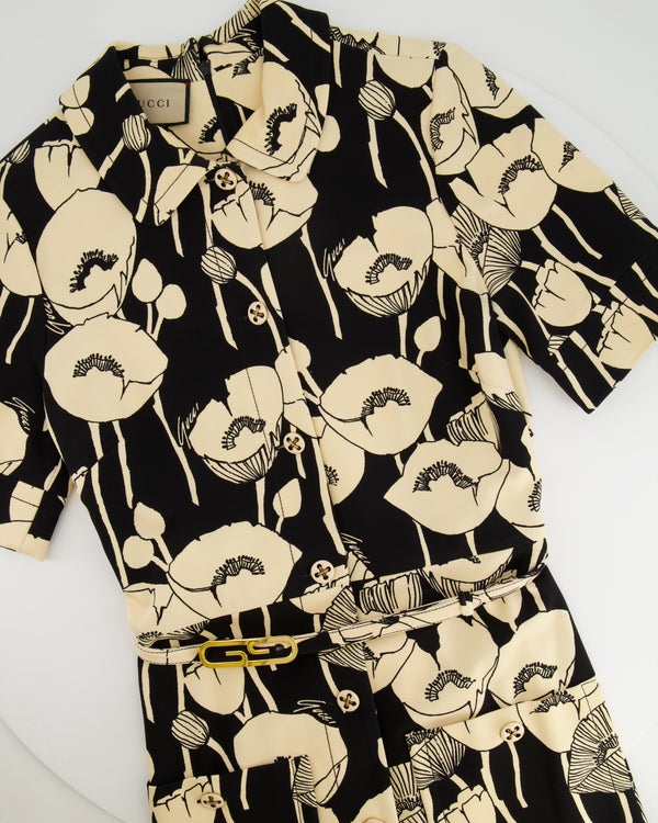 Gucci Beige and Black Poppy Flower Printed Midi Dres with Logo Belt Size M (UK 10) RRP £2,150