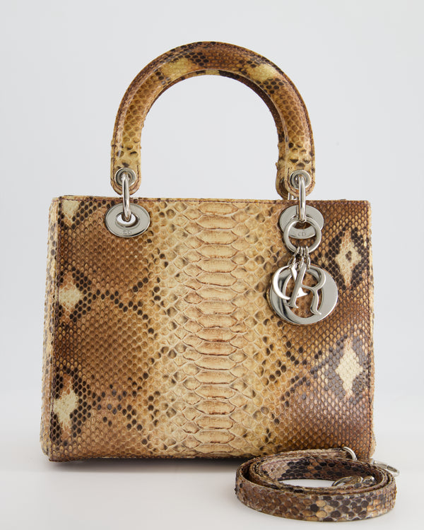 Christian Dior Natural Brown Medium Lady Dior Bag in Python Leather with Silver Hardware