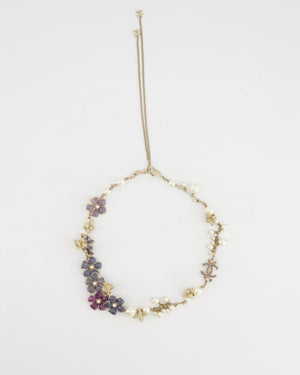 Chanel Pink, Purple Floral and Pearl Gold Necklace with CC Logo Details