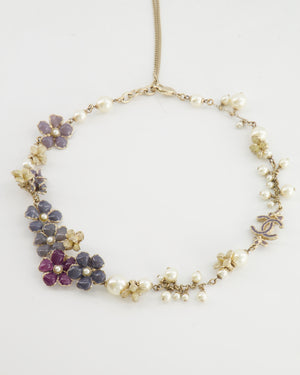 Chanel Pink, Purple Floral and Pearl Gold Necklace with CC Logo Details