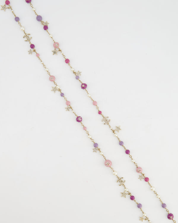 Chanel Pink, Purple Pearl Gold Necklace with CC Logo and Star Details