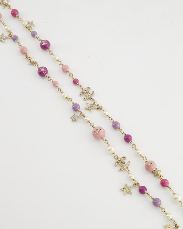 Chanel Pink, Purple Pearl Gold Necklace with CC Logo and Star Details