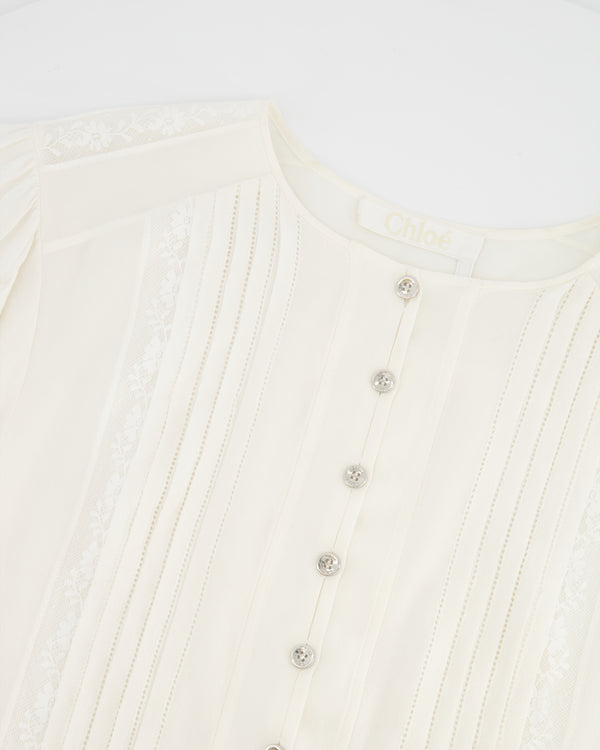 Chloé White Silk Cardigan Top with Embroideries and Silver Buttons Size FR 36 (UK 8)